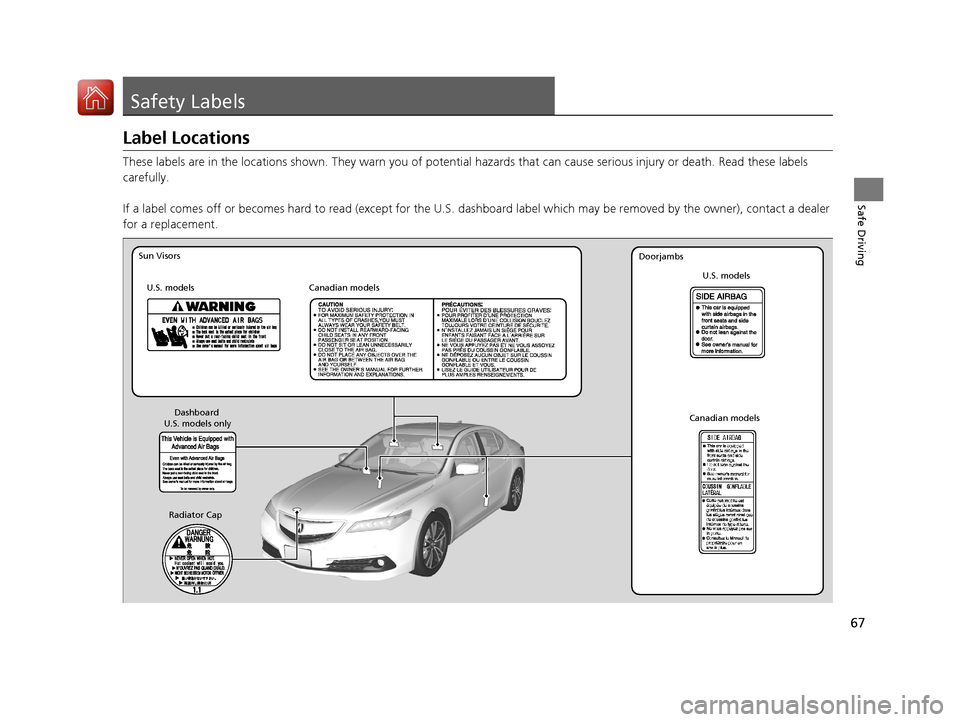 Acura TLX 2017  Owners Manual 67
Safe Driving
Safety Labels
Label Locations
These labels are in the locations shown. They warn you of potential hazards that  can cause serious injury or death. Read these labels 
carefully.
If a la