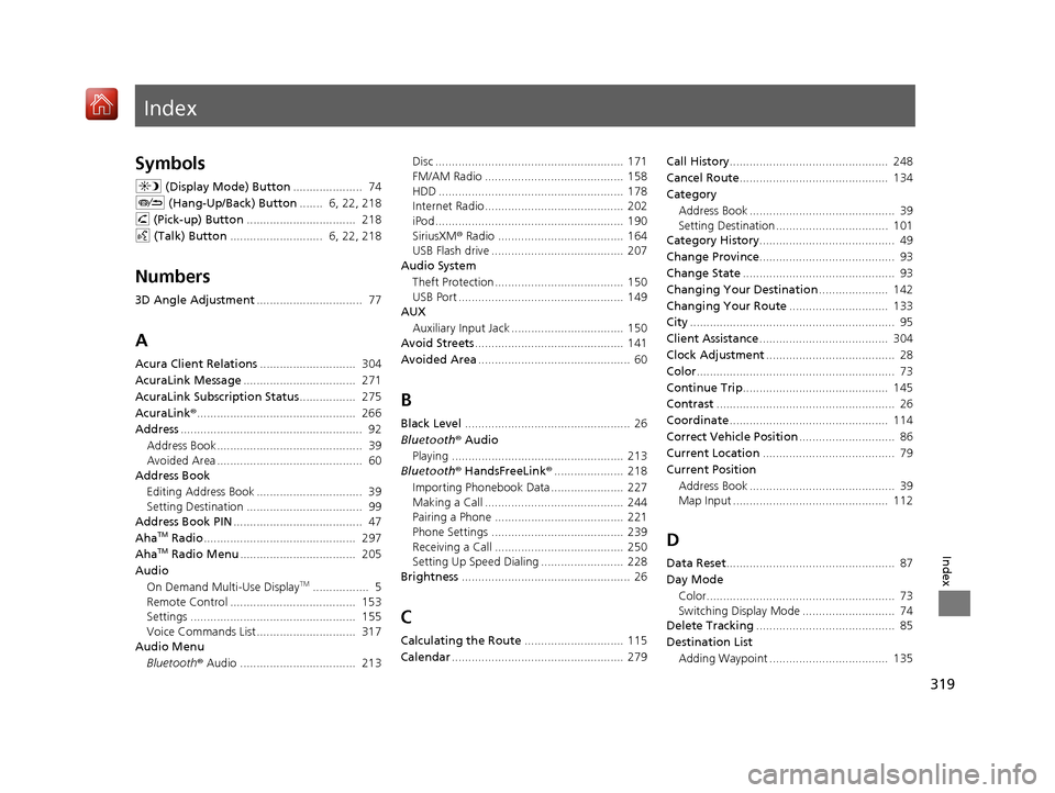 Acura TLX 2017  Navigation Manual Index
319
Index
Index
Symbols
a (Display Mode) Button .....................  74
J  (Hang-Up/Back) Button .......  6, 22, 218
h  (Pick-up) Button .................................  218
d  (Talk) Button