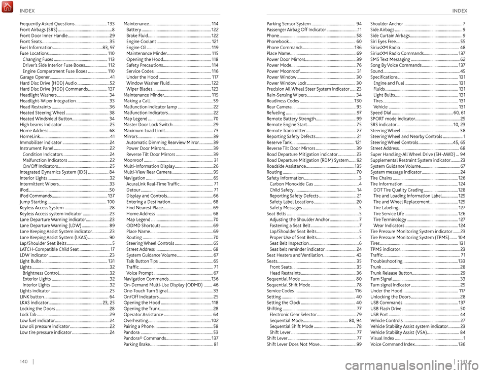 Acura TLX 2017 User Guide 140    ||    141
       INDEX
INDEX
Parking Sensor System ......................................... 94
P assenger Airbag Off Indicator   .............................11
Phone
  .......................