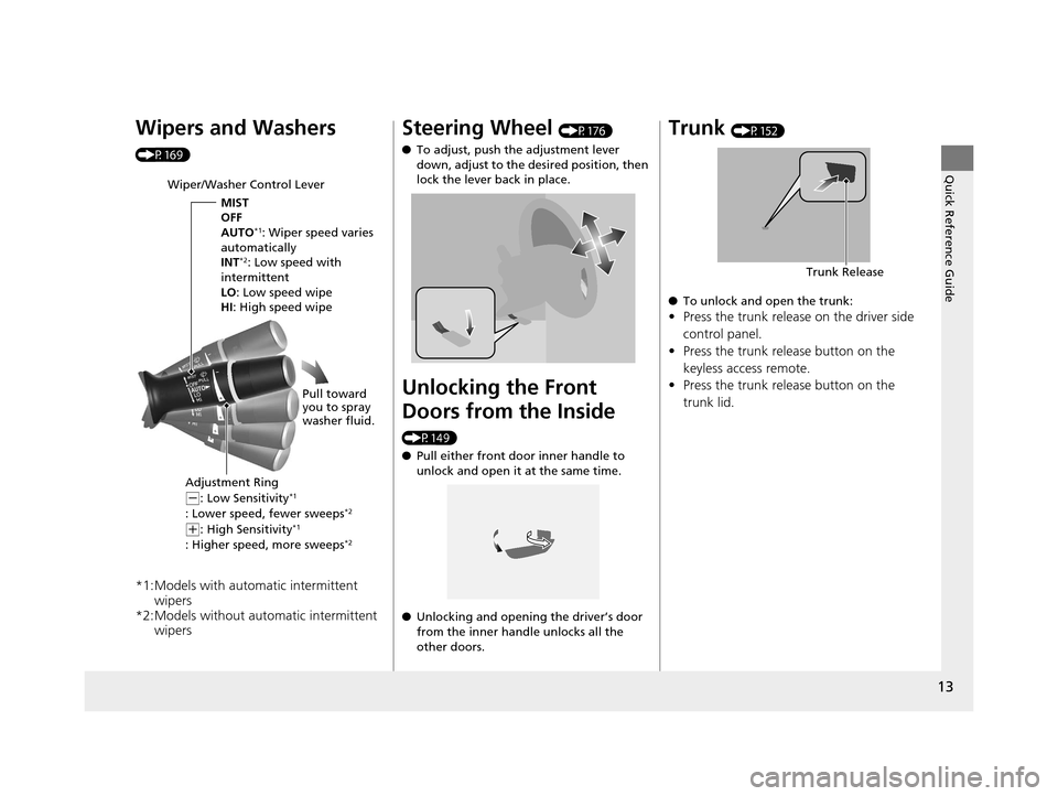 Acura TLX 2016  Owners Manual 13
Quick Reference Guide
Wipers and Washers 
(P169)
*1:Models with automatic intermittent wipers
*2:Models without automatic intermittent  wipers
Wiper/Washer Control Lever
MIST
OFF
AUTO
*1: Wiper spe