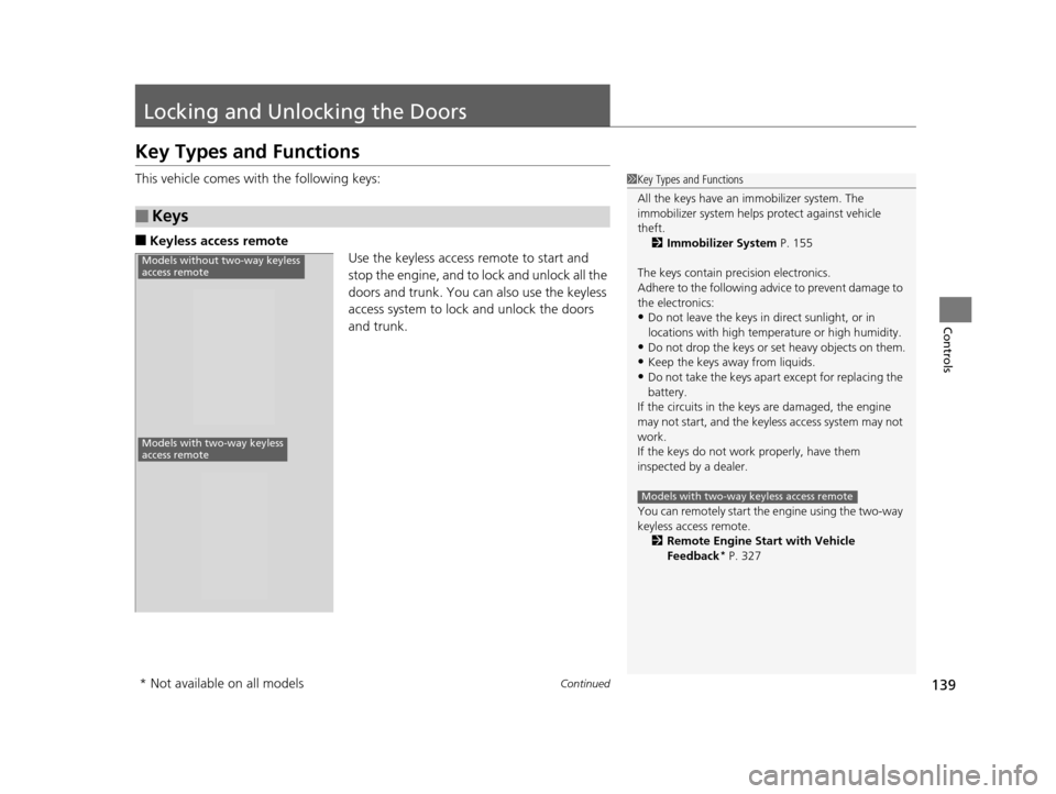 Acura TLX 2016  Owners Manual 139Continued
Controls
Locking and Unlocking the Doors
Key Types and Functions
This vehicle comes with the following keys:
■Keyless access remote
Use the keyless access remote to start and 
stop the 