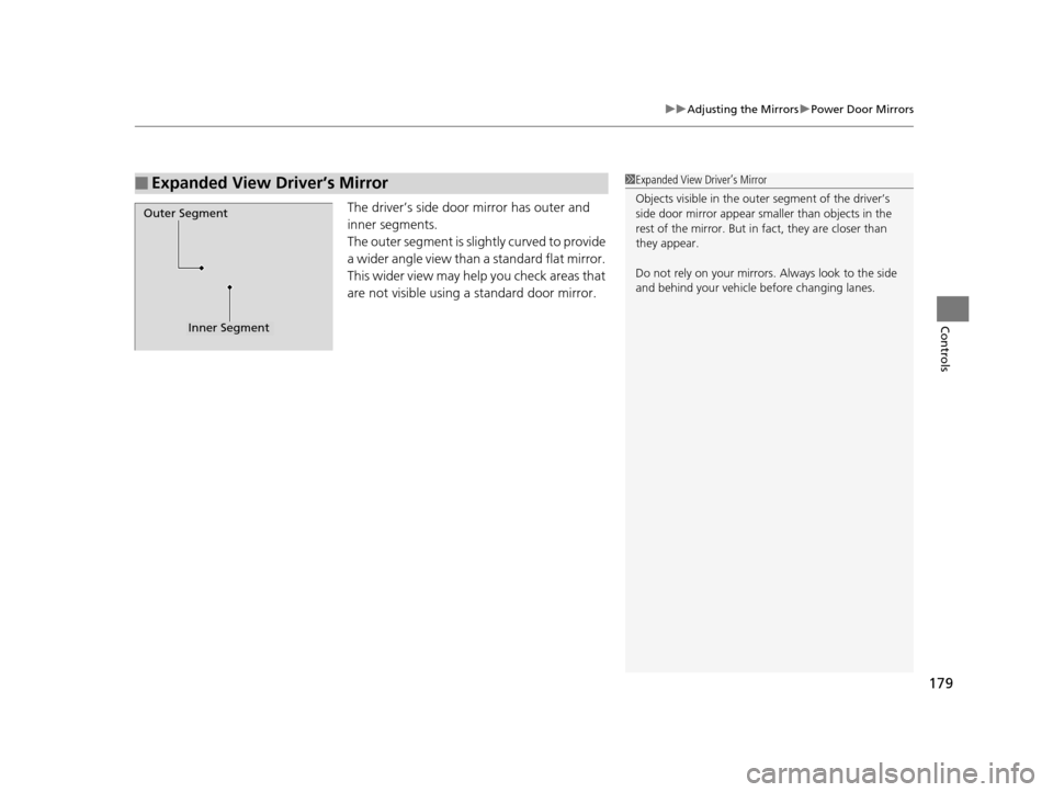 Acura TLX 2016  Owners Manual 179
uuAdjusting the Mirrors uPower Door Mirrors
Controls
The driver’s side door mirror has outer and 
inner segments.
The outer segment is slig htly curved to provide 
a wider angle view than a stan