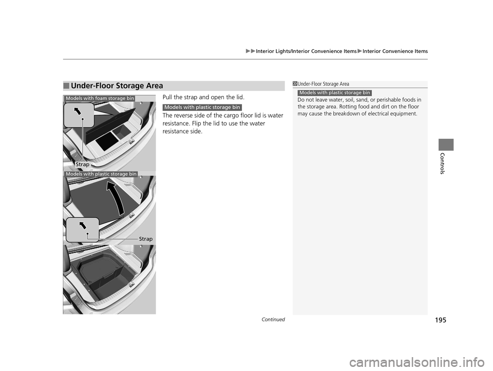 Acura TLX 2016  Owners Manual Continued195
uuInterior Lights/Interior Convenience Items uInterior Convenience Items
Controls
Pull the strap and open the lid.
The reverse side of the  cargo floor lid is water 
resistance. Flip the 