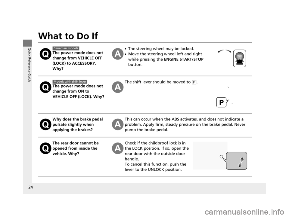 Acura TLX 2016  Owners Manual 24
Quick Reference Guide
What to Do If
The power mode does not 
change from VEHICLE OFF 
(LOCK) to ACCESSORY. 
Why?
●The steering wheel may be locked.
●Move the steering wheel left and right 
whil