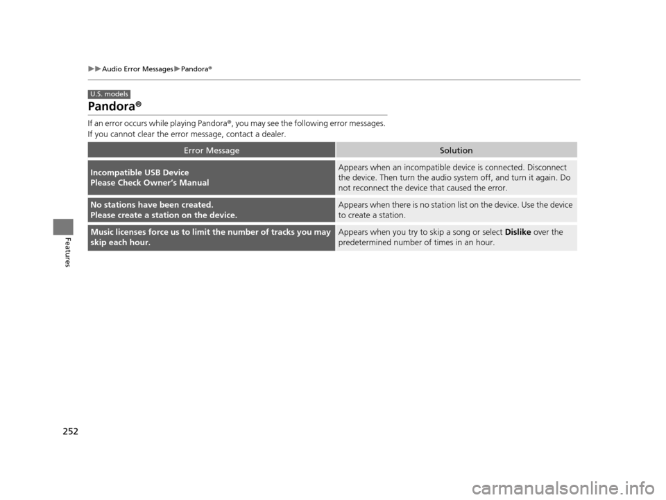 Acura TLX 2016 Owners Manual 252
uuAudio Error Messages uPandora®
Features
Pandora ®
If an error occurs while playing Pandora ®, you may see the following error messages.
If you cannot clear the error message, contact a deal Acura TLX 2016 Owners Manual 252
uuAudio Error Messages uPandora®
Features
Pandora ®
If an error occurs while playing Pandora ®, you may see the following error messages.
If you cannot clear the error message, contact a deal