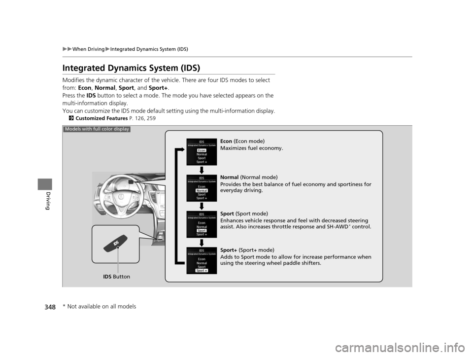 Acura TLX 2016  Owners Manual 348
uuWhen Driving uIntegrated Dynamics System (IDS)
Driving
Integrated Dynamics System (IDS)
Modifies the dynamic character of the vehi cle. There are four IDS modes to select 
from:  Econ, Normal , 