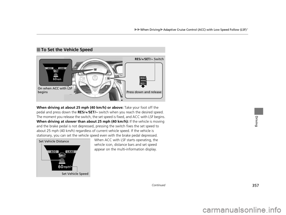 Acura TLX 2016  Owners Manual 357
uuWhen Driving uAdaptive Cruise Control (ACC) with Low Speed Follow (LSF)*
Continued
Driving
When driving at about 25 mph (40 km/h) or above: Take your foot off the 
pedal and press down the  RES/