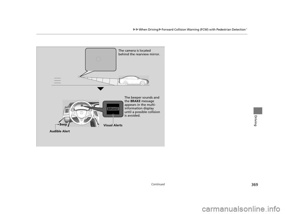 Acura TLX 2016  Owners Manual 369
uuWhen Driving uForward Collision Warning (FCW ) with Pedestrian Detection*
Continued
Driving
The camera is located 
behind the rearview mirror.
The beeper sounds and 
the BRAKE message 
appears i