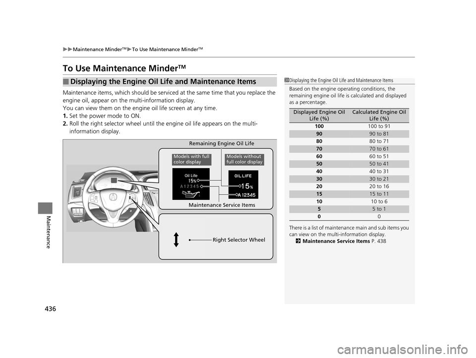 Acura TLX 2016  Owners Manual 436
uuMaintenance MinderTMuTo Use Maintenance MinderTM
Maintenance
To Use Maintenance MinderTM
Maintenance items, which should be serviced  at the same time that you replace the 
engine oil, appear on