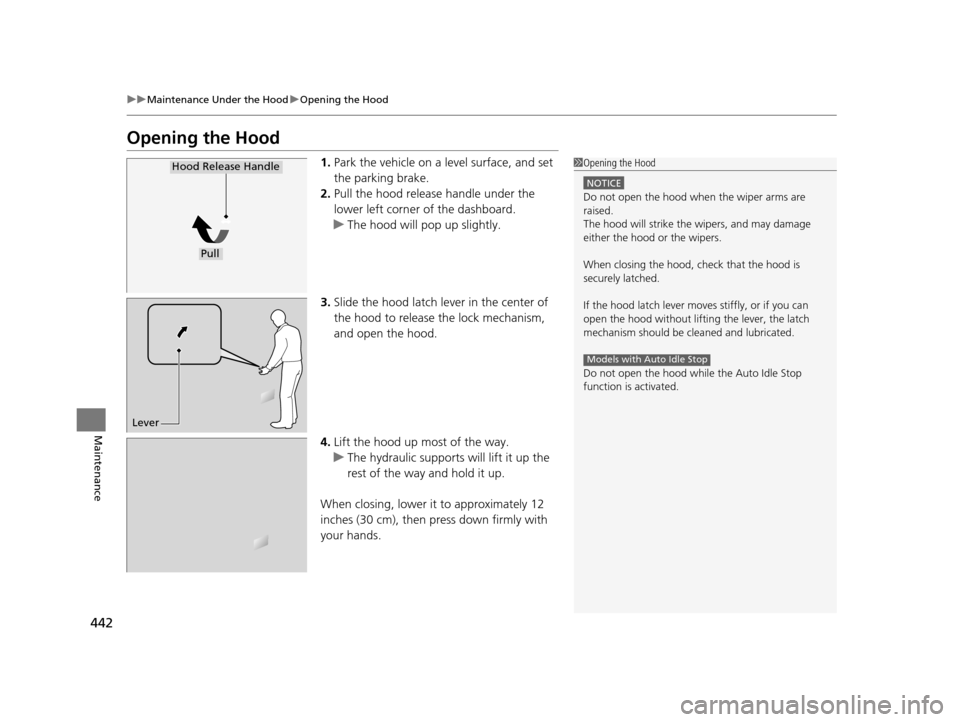 Acura TLX 2016 Owners Manual 442
uuMaintenance Under the Hood uOpening the Hood
Maintenance
Opening the Hood
1. Park the vehicle on a level surface, and set
the parking brake.
2. Pull the hood release handle under the
lower lef Acura TLX 2016 Owners Manual 442
uuMaintenance Under the Hood uOpening the Hood
Maintenance
Opening the Hood
1. Park the vehicle on a level surface, and set
the parking brake.
2. Pull the hood release handle under the
lower lef