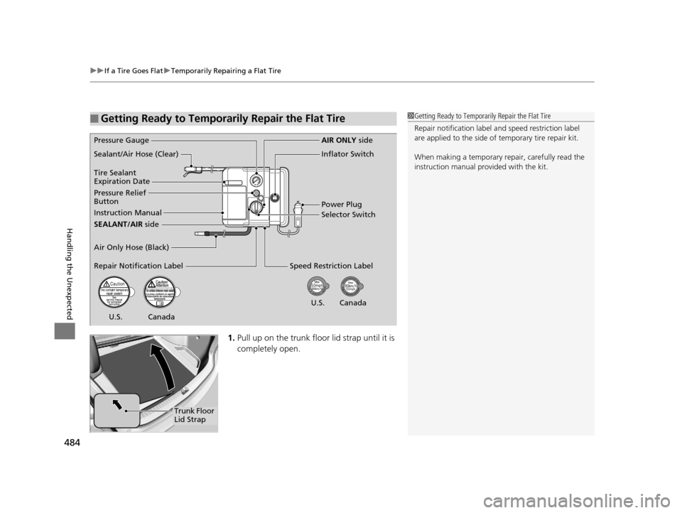 Acura TLX 2016 Owners Manual uuIf a Tire Goes Flat uTemporarily Repairing a Flat Tire
484
Handling the Unexpected
1. Pull up on the trunk floor lid strap until it is
completely open.
■Getting Ready to Temporarily Repair the Fl Acura TLX 2016 Owners Manual uuIf a Tire Goes Flat uTemporarily Repairing a Flat Tire
484
Handling the Unexpected
1. Pull up on the trunk floor lid strap until it is
completely open.
■Getting Ready to Temporarily Repair the Fl