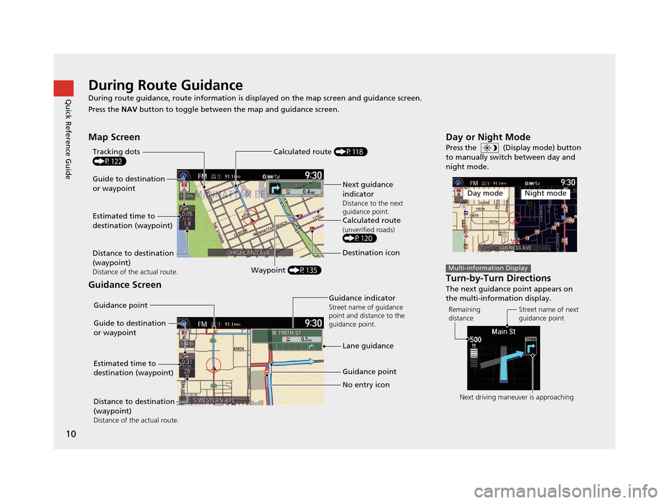 Acura TLX 2016 Navigation Manual 10
Quick Reference GuideDuring Route Guidance
During route guidance, route information is displayed on the map screen and guidance screen.
Press the NAV button to toggle between th e map and guidance Acura TLX 2016 Navigation Manual 10
Quick Reference GuideDuring Route Guidance
During route guidance, route information is displayed on the map screen and guidance screen.
Press the NAV button to toggle between th e map and guidance