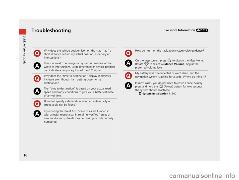 Acura TLX 2016 Navigation Manual 16
Quick Reference GuideTroubleshootingFor more Information (P283)
Why does the vehicle position icon on the map “lag” a
short distance behind my actual position, especially at
intersections?
Th Acura TLX 2016 Navigation Manual 16
Quick Reference GuideTroubleshootingFor more Information (P283)
Why does the vehicle position icon on the map “lag” a
short distance behind my actual position, especially at
intersections?
Th
