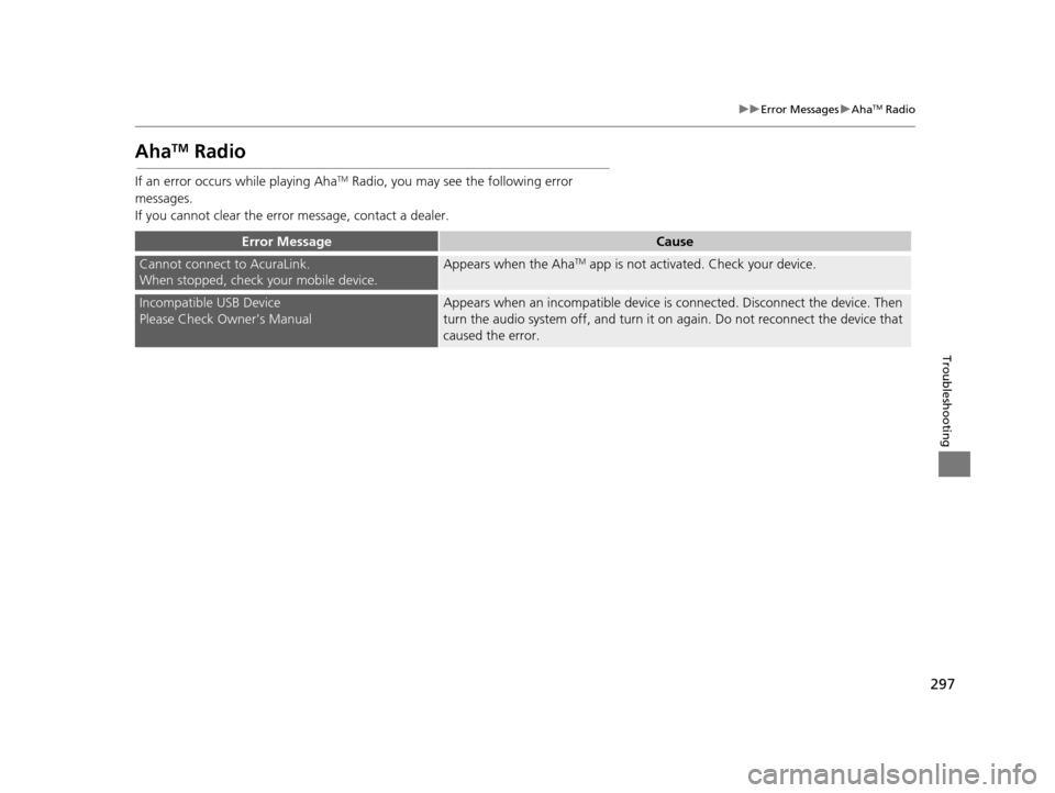 Acura TLX 2016 Navigation Manual 297
uuError Messages uAhaTM Radio
Troubleshooting
AhaTM Radio
If an error occurs while playing AhaTM Radio, you may see the following error
messages.
If you cannot clear the error message, contact a Acura TLX 2016 Navigation Manual 297
uuError Messages uAhaTM Radio
Troubleshooting
AhaTM Radio
If an error occurs while playing AhaTM Radio, you may see the following error
messages.
If you cannot clear the error message, contact a