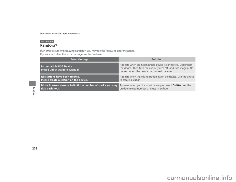 Acura TLX 2015 Owners Manual 252
uuAudio Error Messages uPandora®
Features
Pandora ®If an error occurs while playing Pandora ®, you may see the following error messages.
If you cannot clear the error message, contact a dealer Acura TLX 2015 Owners Manual 252
uuAudio Error Messages uPandora®
Features
Pandora ®If an error occurs while playing Pandora ®, you may see the following error messages.
If you cannot clear the error message, contact a dealer