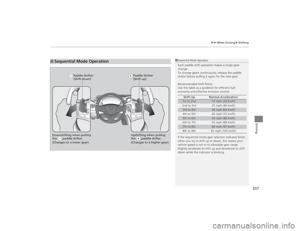 Acura TLX 2015 Owners Manual 337
uuWhen Driving uShifting
Driving
■
Sequential Mode Operation
1Sequential Mode Operation
Each paddle shift operation makes a single gear
change.
To change gears continuously, release the paddle Acura TLX 2015 Owners Manual 337
uuWhen Driving uShifting
Driving
■
Sequential Mode Operation
1Sequential Mode Operation
Each paddle shift operation makes a single gear
change.
To change gears continuously, release the paddle