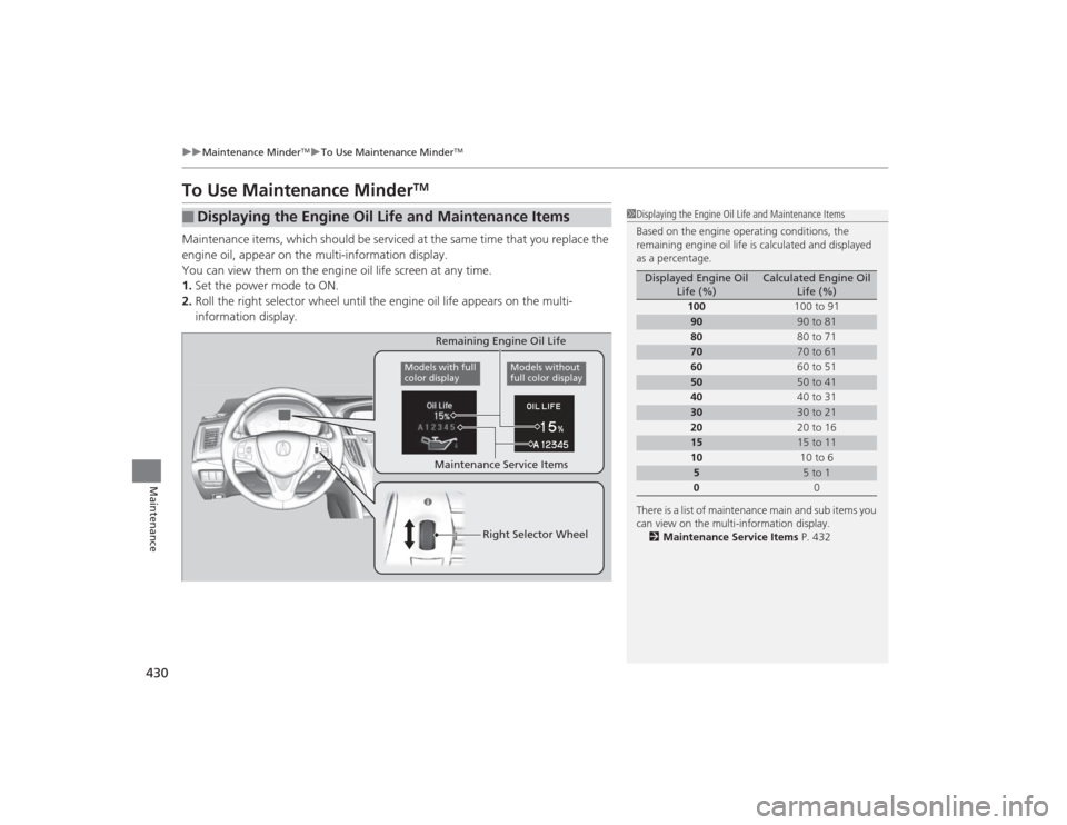 Acura TLX 2015 Owners Manual 430
uuMaintenance Minder
TMuTo Use Maintenance Minder
TM
Maintenance
To Use Maintenance Minder
TM
Maintenance items, which should be serviced at the same time that you replace the
engine oil, appear Acura TLX 2015 Owners Manual 430
uuMaintenance Minder
TMuTo Use Maintenance Minder
TM
Maintenance
To Use Maintenance Minder
TM
Maintenance items, which should be serviced at the same time that you replace the
engine oil, appear