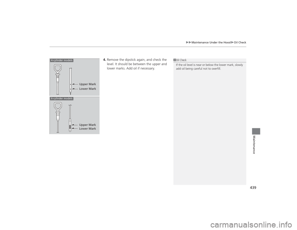 Acura TLX 2015 Owners Guide 439
uuMaintenance Under the Hood uOil Check
Maintenance
4. Remove the dipstick again, and check the 
level. It should be between the upper and 
lower marks. Add oil if necessary.
1Oil Check
If the oil
