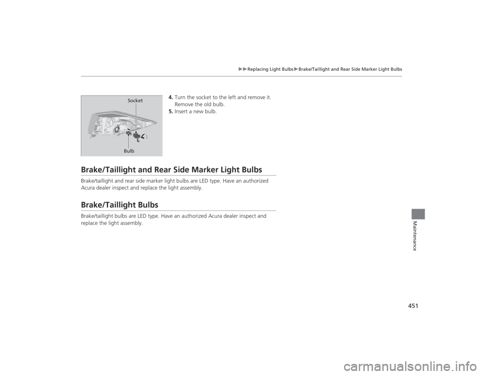 Acura TLX 2015  Owners Manual 451
uuReplacing Light Bulbs uBrake/Taillight and Rear Side  Marker Light Bulbs
Maintenance
4.Turn the socket to the left and remove it. 
Remove the old bulb.
5. Insert a new bulb.
Brake/Taillight and 