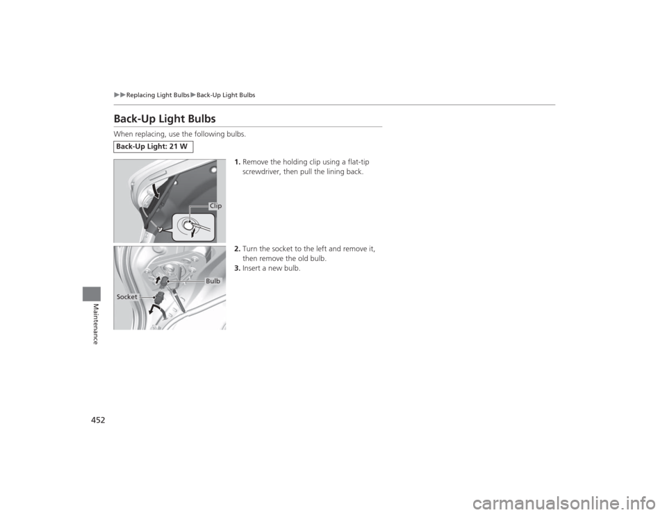 Acura TLX 2015  Owners Manual 452
uuReplacing Light Bulbs uBack-Up Light Bulbs
Maintenance
Back-Up Light BulbsWhen replacing, use the following bulbs.
1.Remove the holding clip using a flat-tip 
screwdriver, then pull the lining b