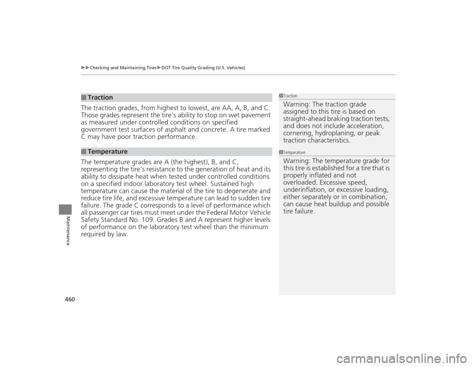 Acura TLX 2015  Owners Manual uuChecking and Maintaining Tires uDOT Tire Quality Grading (U.S. Vehicles)
460Maintenance
The traction grades, from highest to lowest, are AA, A, B, and C. 
Those grades represent the tire’s ability