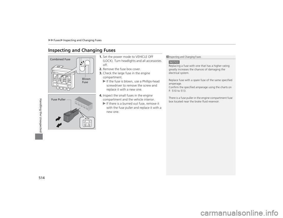 Acura TLX 2015  Owners Manual 514
uuFuses uInspecting and Changing Fuses
Handling the Unexpected
Inspecting and Changing Fuses
1. Set the power mode to VEHICLE OFF 
(LOCK). Turn headlights and all accessories 
off.
2. Remove the f