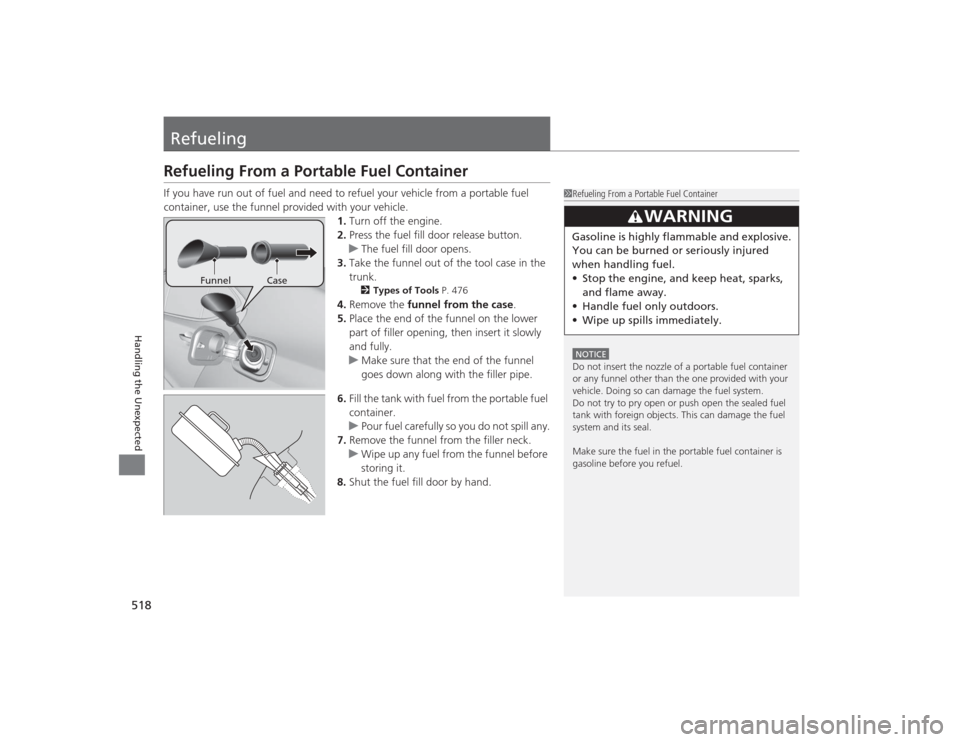 Acura TLX 2015  Owners Manual 518Handling the Unexpected
RefuelingRefueling From a Portable Fuel ContainerIf you have run out of fuel and need to refuel your vehicle from a portable fuel 
container, use the funnel provided with yo