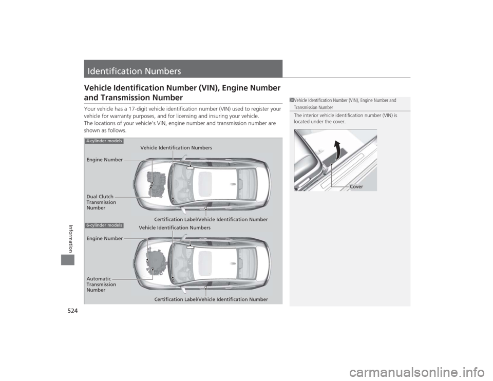 Acura TLX 2015 Owners Manual 524Information
Identification NumbersVehicle Identification Number (VIN), Engine Number and Transmission NumberYour vehicle has a 17-digit vehicle identification number (VIN) used to register your
ve Acura TLX 2015 Owners Manual 524Information
Identification NumbersVehicle Identification Number (VIN), Engine Number and Transmission NumberYour vehicle has a 17-digit vehicle identification number (VIN) used to register your
ve