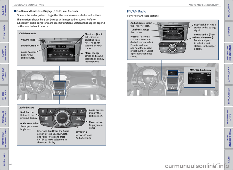 Acura TLX 2015 Owners Manual 46 || 47
AUDIO AND CONNECTIVITY
AUDIO AND CONNECTIVITY
TABLE OF
CONTENTS
INDEX
VISUAL INDEX
VOICE COMMAND INDEX
SAFETY
INFORMATION
CLIENT
INFORMATION
INSTRUMENT PANEL
SPECIFICATIONS
Acura TLX 2015 Owners Manual 46 || 47
AUDIO AND CONNECTIVITY
AUDIO AND CONNECTIVITY
TABLE OF
CONTENTS
INDEX
VISUAL INDEX
VOICE COMMAND INDEX
SAFETY
INFORMATION
CLIENT
INFORMATION
INSTRUMENT PANEL
SPECIFICATIONS