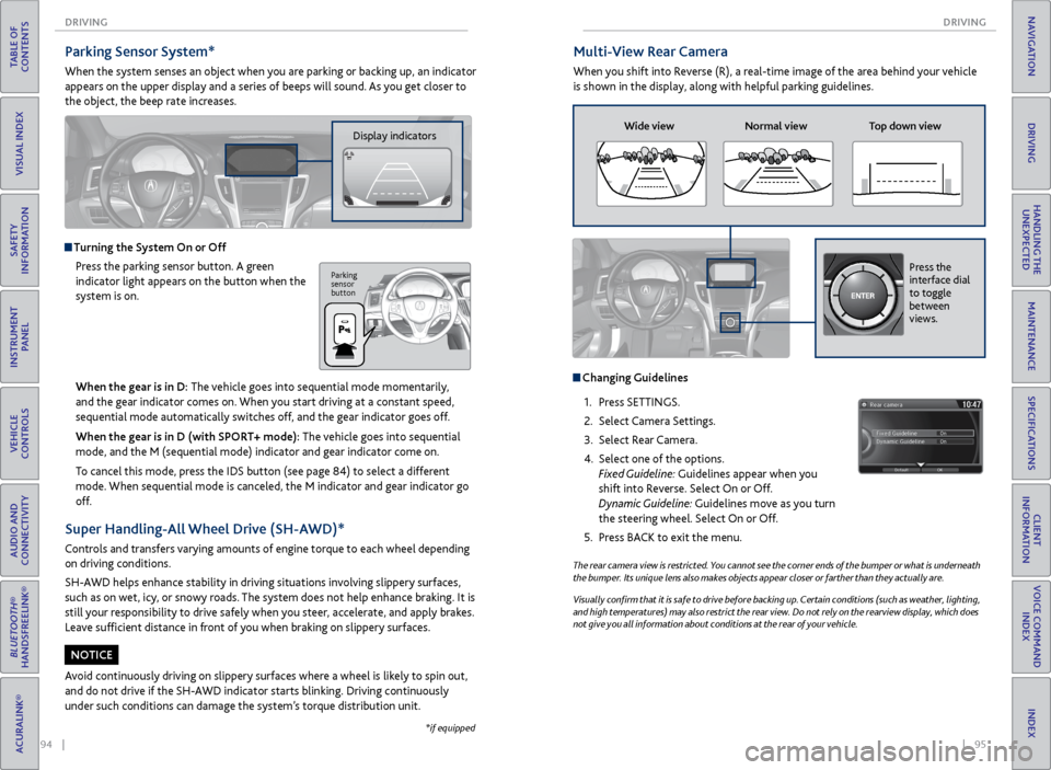 Acura TLX 2015  Owners Guide 94    ||    95
       DRIVING
DRIVING
TABLE OF 
CONTENTS
INDEX
VISUAL INDEX
VOICE COMMAND  INDEX
SAFETY 
INFORMATION
CLIENT 
INFORMATION
INSTRUMENT  PANEL
SPECIFICATIONS
VEHICLE 
CONTROLS 
MAINTENANCE