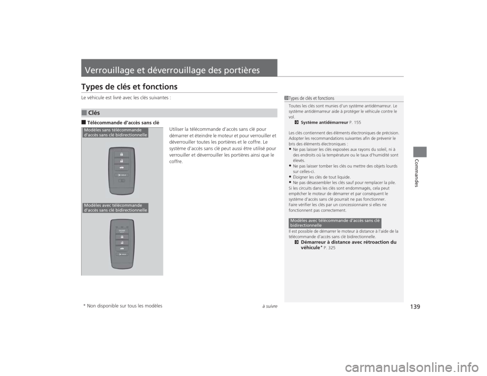 Acura TLX 2015  Manuel du propriétaire (in French) 139
à suivre
Commandes
Verrouillage et déverrouillage des portièresTypes de clés et fonctionsLe véhicule est livré avec les clés suivantes :■Télécommande d’accès sans cléUtiliser la té