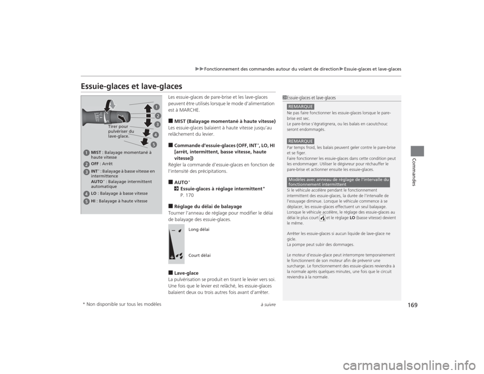 Acura TLX 2015  Manuel du propriétaire (in French) 169
uuFonctionnement des commandes autour du volant de direction uEssuie-glaces et lave-glaces
à suivre
Commandes
Essuie-glaces et lave-glaces
Les essuie-glaces de pare-brise et les lave-glaces 
peuv