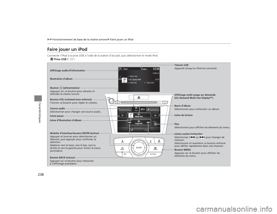 Acura TLX 2015  Manuel du propriétaire (in French) 238
uuFonctionnement de base de la chaîne sonore uFaire jouer un iPod
Caractéristiques
Faire jouer un iPodConnecter l’iPod à la prise USB à l’aide de la station d’accueil, puis sélectionner