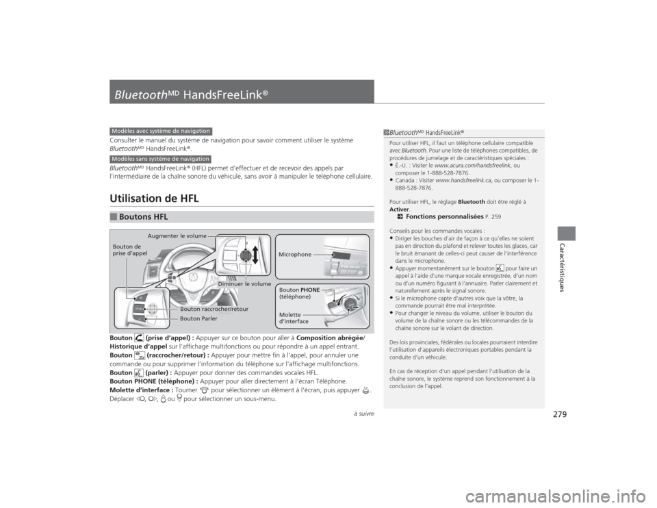 Acura TLX 2015  Manuel du propriétaire (in French) 279
à suivre
Caractéristiques
BluetoothM HandsFreeLink ®Consulter le manuel du système de navigation pour savoir comment utiliser le système 
BluetoothM HandsFreeLink ®.
Bluetooth M HandsFreeLin