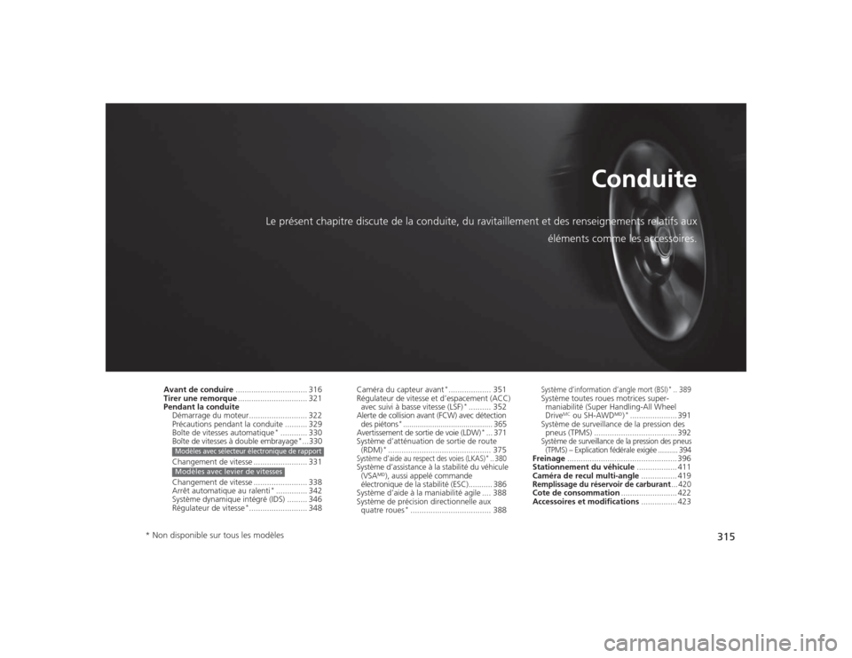 Acura TLX 2015  Manuel du propriétaire (in French) 315
Conduite
Le présent chapitre discute de la conduite, du ravitaillement et des renseignements relatifs auxéléments comme les accessoires.
Avant de conduire................................ 316
Ti