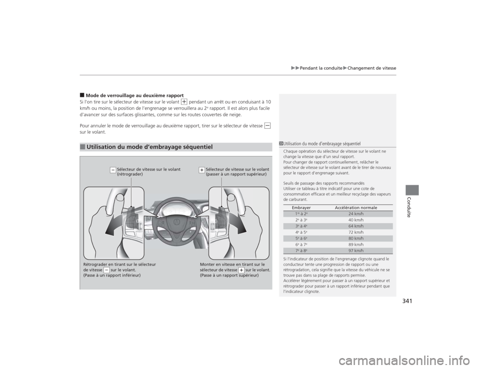 Acura TLX 2015  Manuel du propriétaire (in French) 341
uuPendant la conduite uChangement de vitesse
Conduite
■Mode de verrouillage au deuxième rapport
Si l’on tire sur le sélecteur de vitesse sur le volant 
(+
 pendant un arrêt ou en conduisant