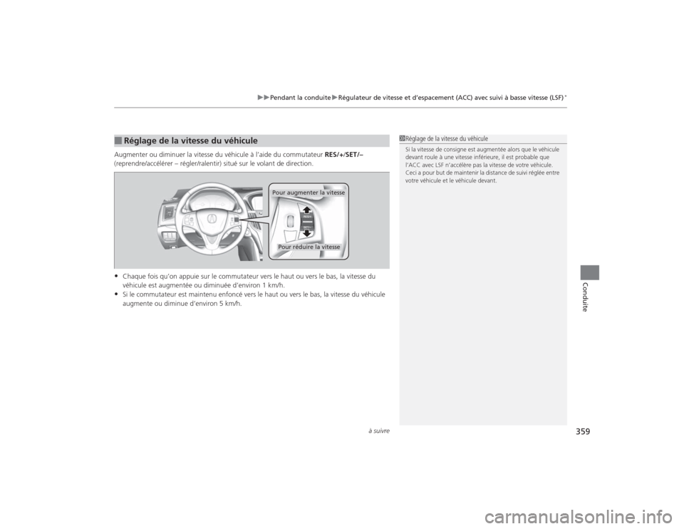 Acura TLX 2015  Manuel du propriétaire (in French) à suivre
359
uuPendant la conduite uRégulateur de vitesse et d’espacement (ACC) avec suivi à basse vitesse (LSF)
*
Conduite
Augmenter ou diminuer la vitesse du véhicule à l’aide du commutateu