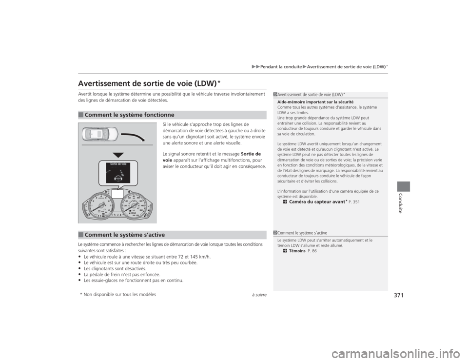Acura TLX 2015  Manuel du propriétaire (in French) 371
uuPendant la conduite uAvertissement de sortie de voie (LDW)
*
à suivre
Conduite
Avertissement de sortie de voie (LDW)
*
Avertit lorsque le système détermine une possibilité  que le véhicule 