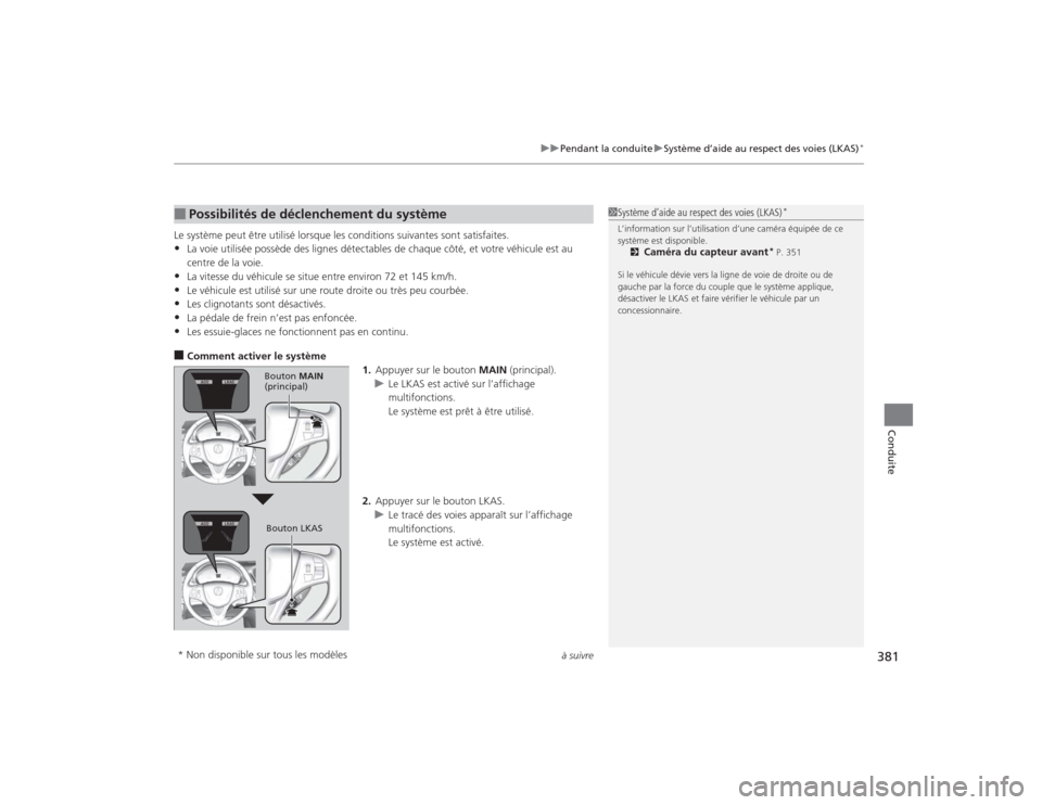 Acura TLX 2015  Manuel du propriétaire (in French) à suivre
381
uuPendant la conduite uSystème d’aide au respect des voies (LKAS)
*
Conduite
Le système peut être utilisé lorsque les conditions suivantes sont satisfaites.•La voie utilisée pos