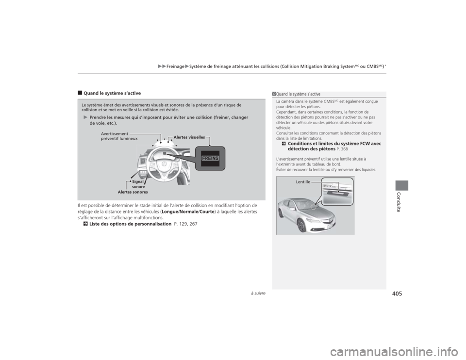 Acura TLX 2015  Manuel du propriétaire (in French) à suivre
405
uuFreinage uSystème de freinage atténuant les collisions (Collision Mitigation Braking System
MC ou CMBS
MC)*
Conduite
■Quand le système s’active
Il est possible de déterminer le