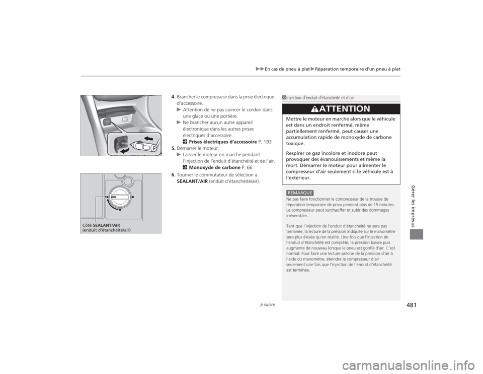 Acura TLX 2015  Manuel du propriétaire (in French) à suivre
481
uuEn cas de pneu à plat uRéparation temporaire d’un pneu à plat
Gérer les imprévus
4. Brancher le compresseur dans la prise électrique 
d’accessoire.
u Attention de ne pas coin
