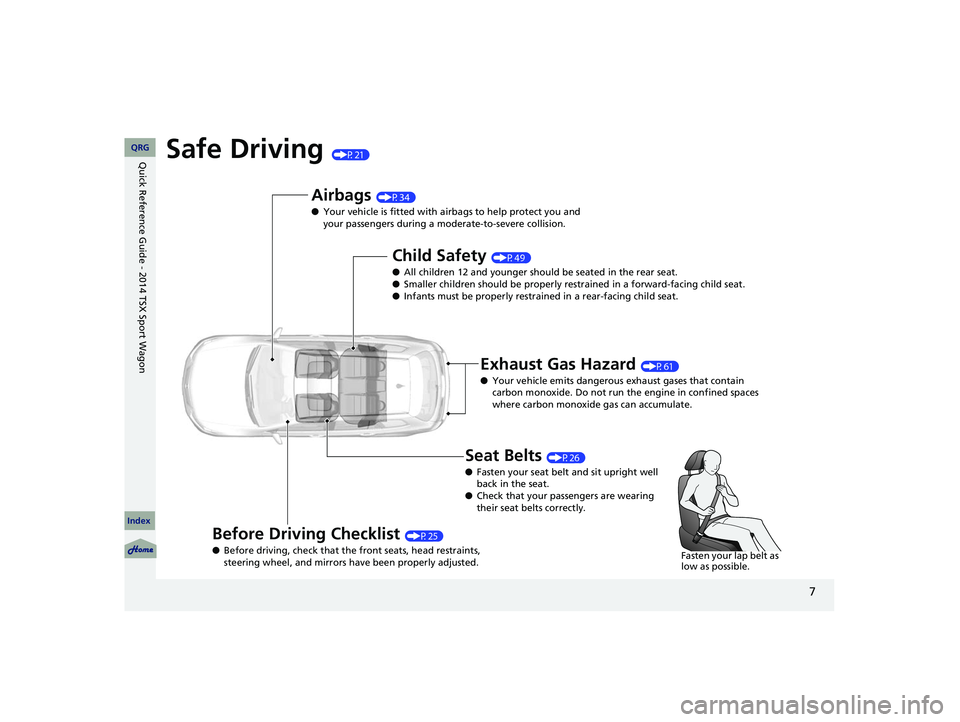 Acura TSX 2014  Owners Manual 7
Safe Driving (P21)
Airbags (P34)
● Your vehicle is fitted with airbags to help protect you and 
your passengers during a moderate-to-severe collision.
Child Safety (P49)
● All children 12 and yo