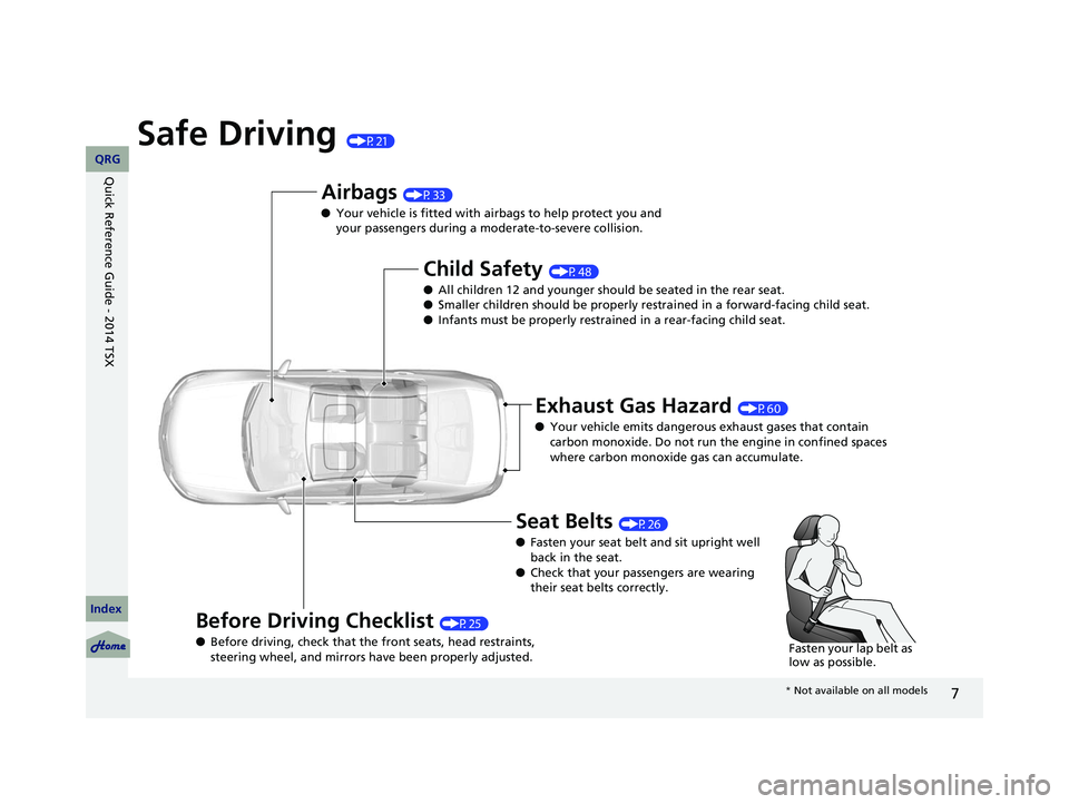 Acura TSX 2014  Owners Manual 7
Safe Driving (P21)
Airbags (P33)
● Your vehicle is fitted with ai rbags to help protect you and 
your passengers during a moderate-to-severe collision.
Child Safety (P48)
● All children 12 and y