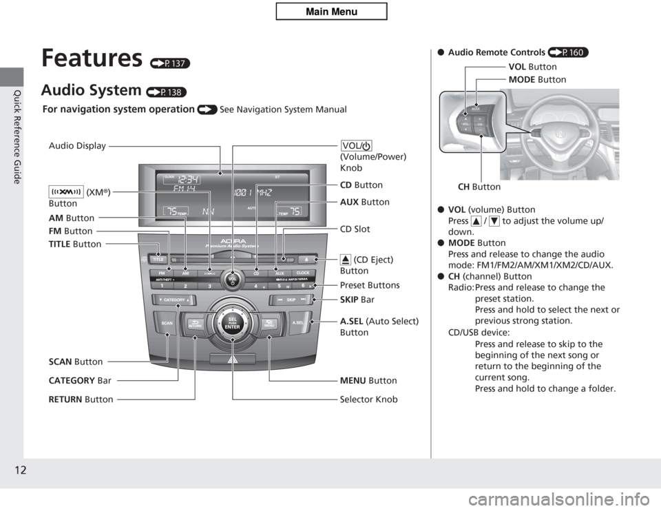 Acura TSX 2013  Owners Manual 12Quick Reference Guide
Features 
(P137)
Audio System 
(P138)
Audio Display
AM Button
FM  Button
SCAN Button
CATEGORY  Bar A.SEL
 (Auto Select) 
Button  
(Volume/Power) 
Knob
VOL/CD Slot AUX  Button
C