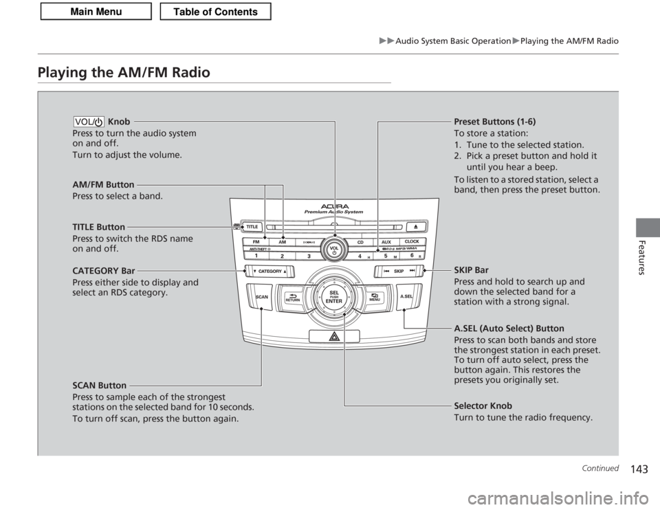 Acura TSX 2013 Owners Guide 143
uuAudio System Basic Operation uPlaying the AM/FM Radio
Continued
Features
Playing the AM/FM Radio
AM/FM Button
Press to select a band.
SCAN Button
Press to sample each of the strongest
stations Acura TSX 2013 Owners Guide 143
uuAudio System Basic Operation uPlaying the AM/FM Radio
Continued
Features
Playing the AM/FM Radio
AM/FM Button
Press to select a band.
SCAN Button
Press to sample each of the strongest
stations