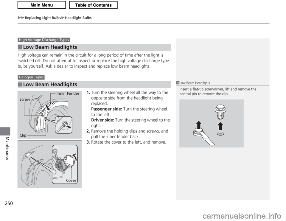 Acura TSX 2013  Owners Manual uuReplacing Light Bulbs uHeadlight Bulbs
250Maintenance
High voltage can remain in the circuit for a long period of time after the light is 
switched off. Do not attempt to inspect or replace the high