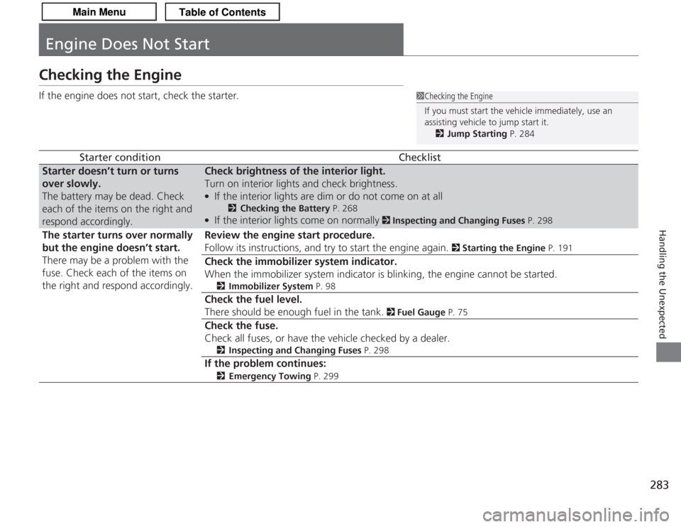 Acura TSX 2013 User Guide 283
Handling the Unexpected
Engine Does Not StartChecking the EngineIf the engine does not start, check the starter.
Starter condition
Checklist
Starter doesn’t turn or turns
over slowly.
The batte Acura TSX 2013 User Guide 283
Handling the Unexpected
Engine Does Not StartChecking the EngineIf the engine does not start, check the starter.
Starter condition
Checklist
Starter doesn’t turn or turns
over slowly.
The batte