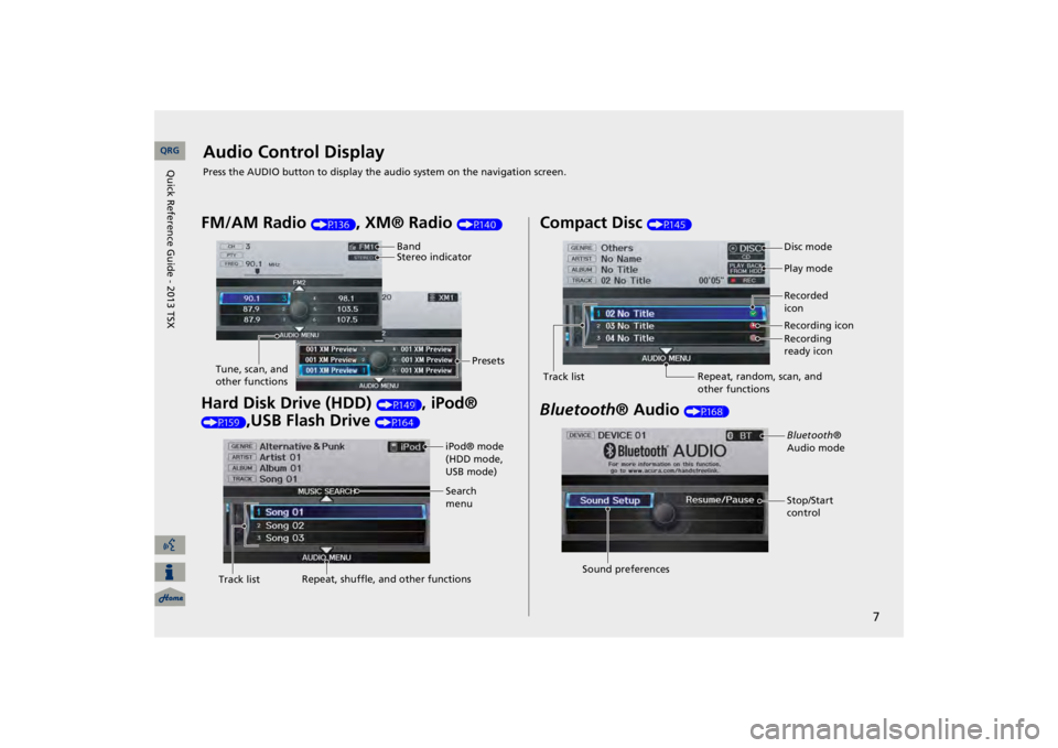 Acura TSX 2013  Navigation Manual 7
Audio Control DisplayPress the AUDIO button to display the audio system on the navigation screen.FM/AM Radio 
(P136)
, XM® Radio 
(P140)
Hard Disk Drive (HDD) 
(P149)
, iPod® 
(P159)
,USB Flash Dr