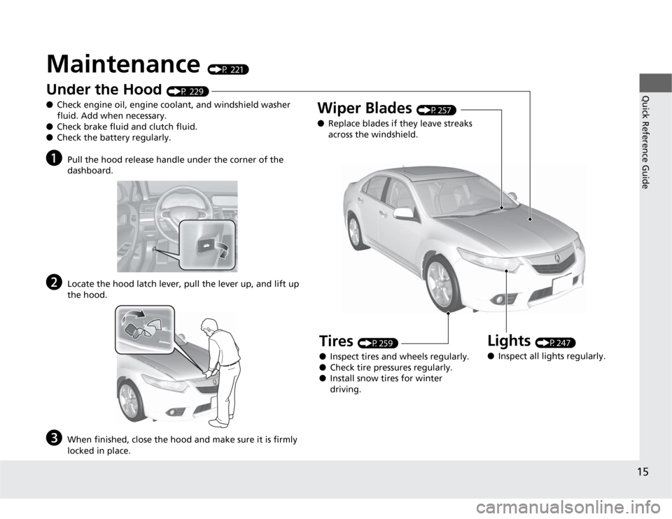 Acura TSX 2012  Owners Manual 15Quick Reference Guide
Maintenance 
(P 221)
U
n
d
er t
h
e 
H
oo
d
 (P 229)
●Check engine oil, engine coolant, and windshield washer 
fluid. Add when necessary.
●Check brake fluid and clutch flui