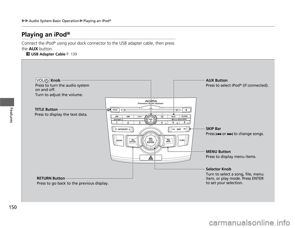 Acura TSX 2012  Owners Manual 150
uuAudio System Basic OperationuPlaying an iPod®
Features
Playing an iPod®Connect the iPod® using your dock connector to the USB adapter cable, then press 
the AUX button.
2USB Adapter Cable P. 
